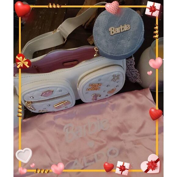 ALDO x Barbie Pink/White Three Strap Pouch Charm Crystal Handbag Purse - Picture 3 of 11